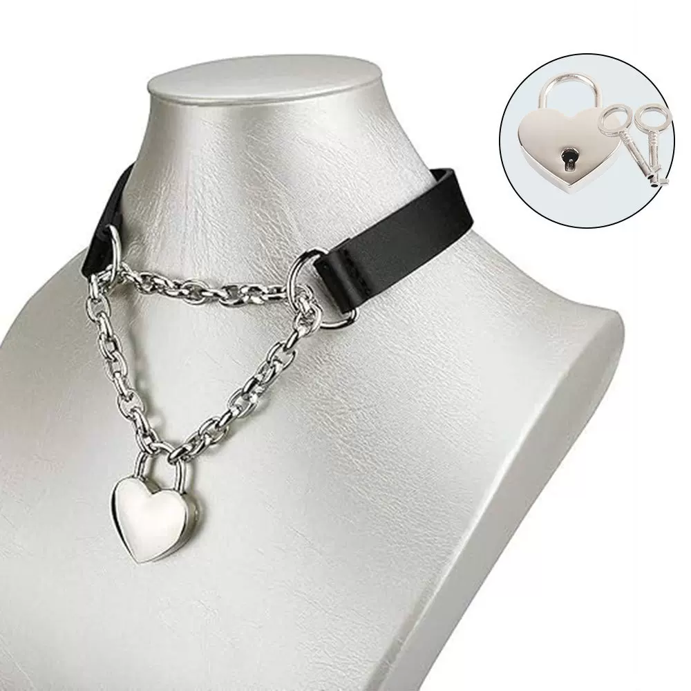 欧美跨境饰品  爱心锁形项链 嘻哈潮流黑色皮革项圈心形套索滑链