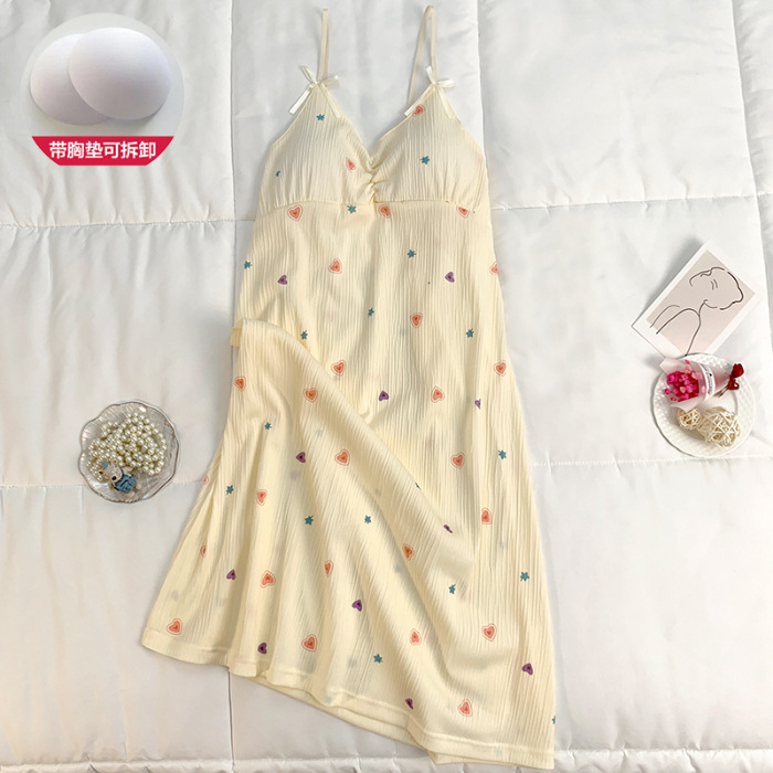 Verano nuevo estilo dulce amor camisón falda media femenina con almohadilla en el pecho lindo algodón imitación pliegue tirantes hogar camisón delgado