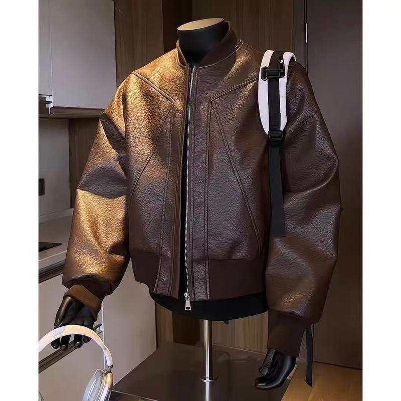 现货 有内袋 原版做工 水洗PU皮宽松美式棒球服外套JK9363特P70|undefined