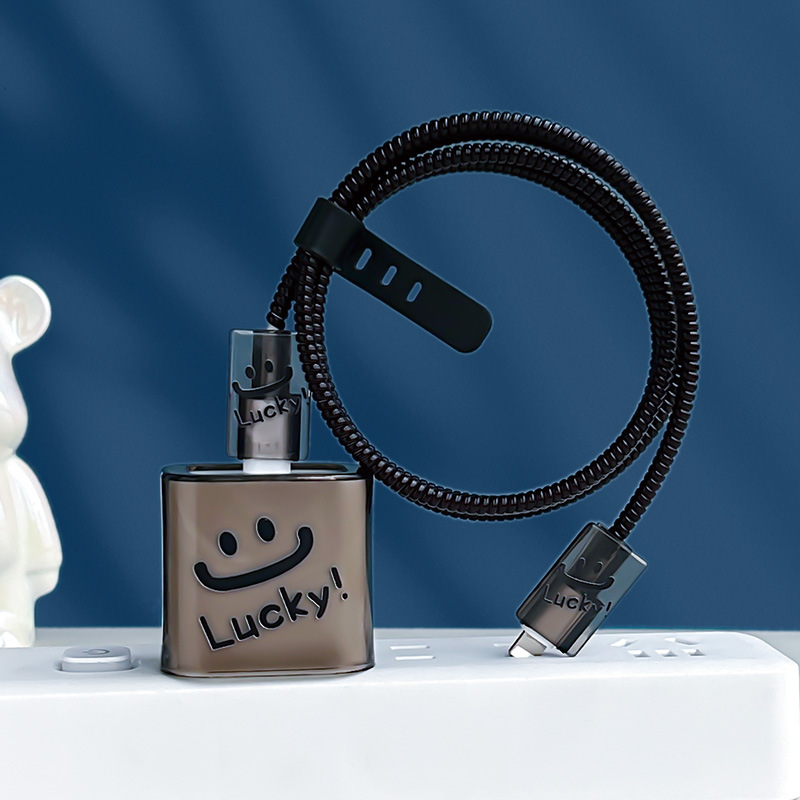 Aplicable a Apple Charger Cover 20w Carga rápida cabeza de carga de cable de datos picador de cable negro LUKY sonriente cara