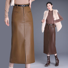 专柜秋冬款绵羊皮包臀皮裙女开叉高腰显瘦半身裙中长款气质一步裙