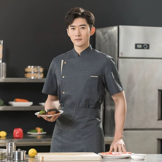 西餐厅厨师工作服夏装短袖透气酒店饭店食堂后厨弹力厨师服印字男