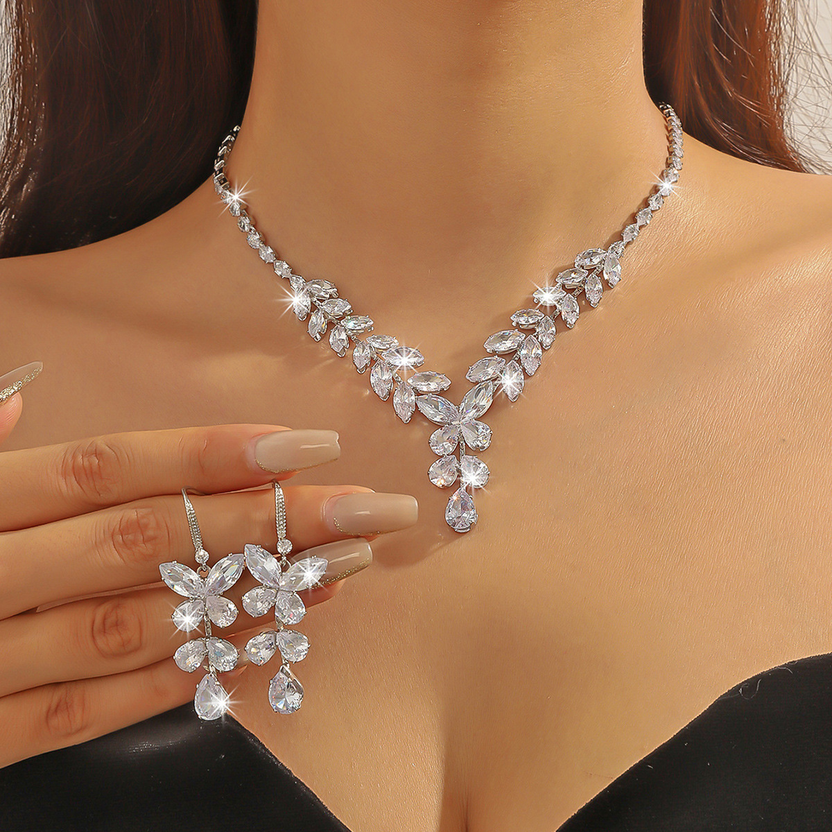 Collar de color de la industria pesada amazona orejas joyas set de moda de lujo vestido de novia cena joyas de zircon mujer image 25
