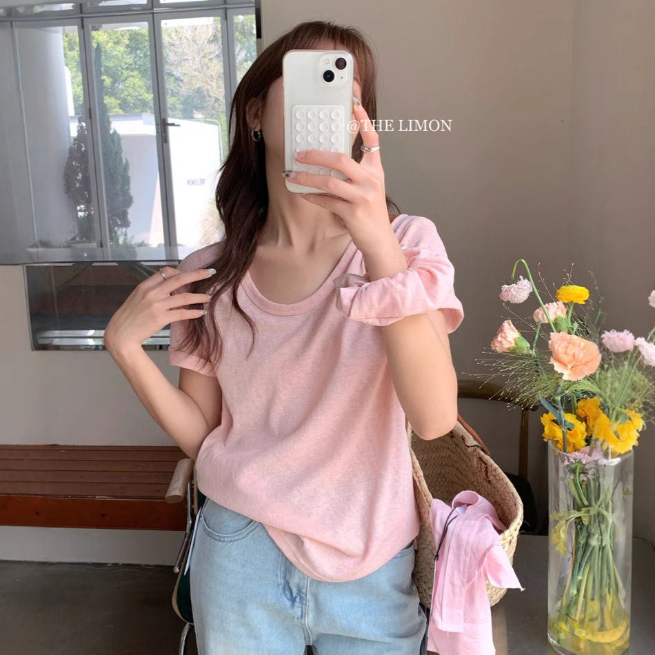 Liquidación, sin devoluciones ni cambios, camiseta de manga corta con cuello en U, estilo básico de té verde limón, estilo coreano simple de verano 2025, para mujer, con lazo para el pelo. image 6
