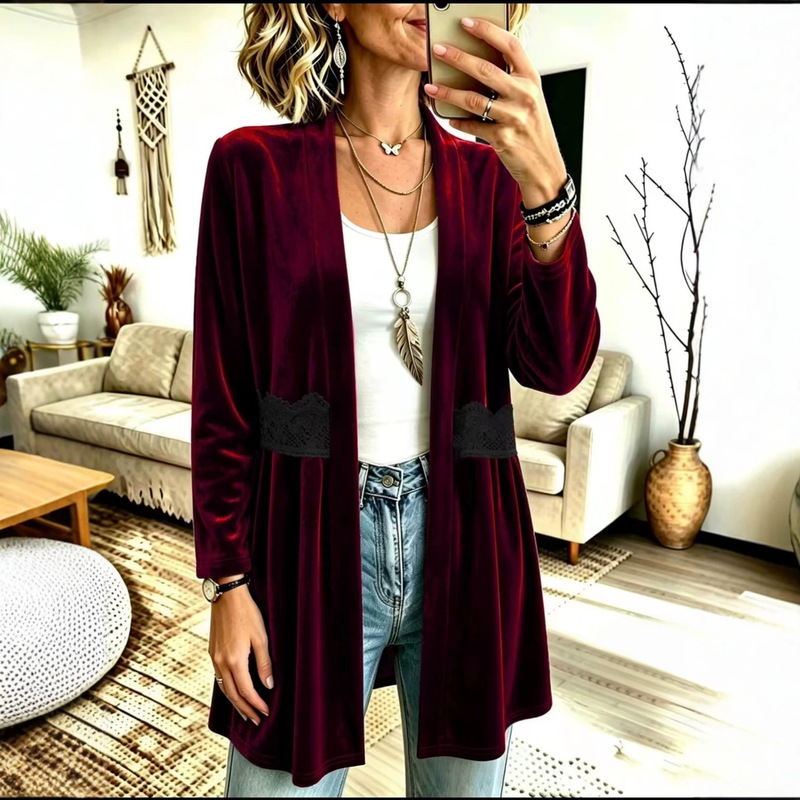 Women's velvet cardigan with lace pocket design, mid-length velvet coat, loose long-sleeved outerwear, cross-border women's clothing