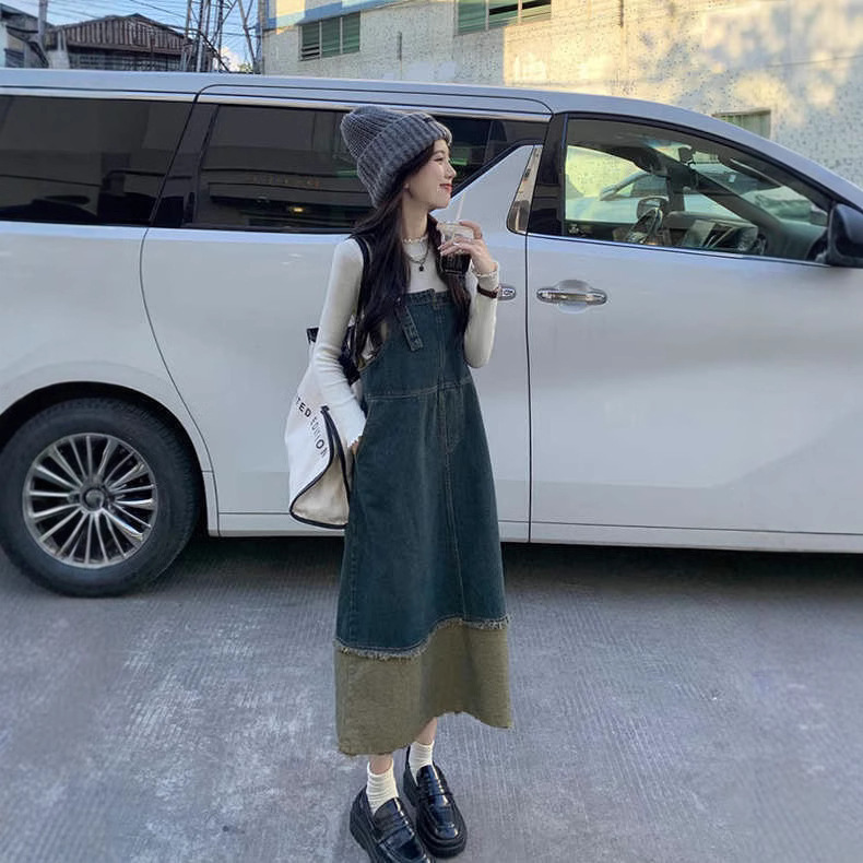 Sleeveless Denim Strap Dress Women's Spring and Autumn New Niche Design Sense Irregular Contrast Color Stitching Midi dress