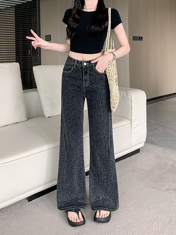 女性用のアメリカンレトロなヒョウ柄ストレートジーンズ、甘くてホットな女の子、スリムでハイエンド、多用途のフロアレングスパンツ、ファッショナブルでカジュアル|undefined