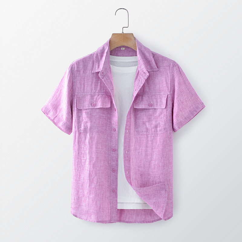 2024 verano Lino hombres parche bolsa solapa manga corta Camisa de lino simple cómodo fresco camisa de lino F012