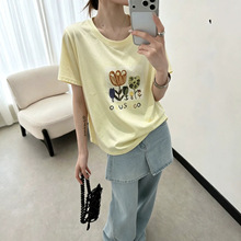 X517雪花棉印花T恤女2026夏韩系ins风简约时尚休闲百搭T恤女短袖