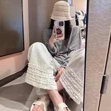 木耳花边亚麻阔腿裤女夏季2026新款松弛感宽松显瘦高腰九分休闲裤