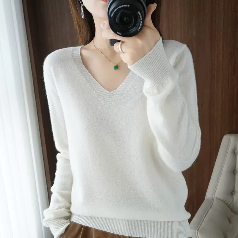 Knitted Sweater for Women, Thin Long-Sleeve Rolled-Edge Pullover, New Spring and Autumn Style, V-Neck, Solid Color, Base Layer, Pullover Inner Wear