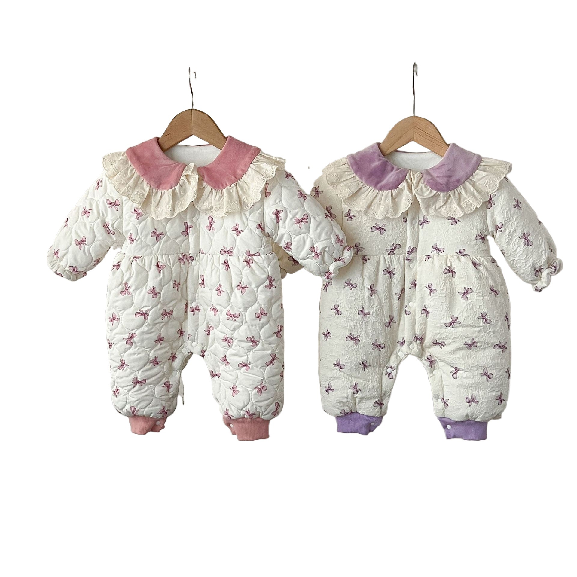 INS estilo coreano niñas bebé solapa encaje acolchado de lana forrado de algodón acolchado mameluco recién nacido cálido mameluco moda