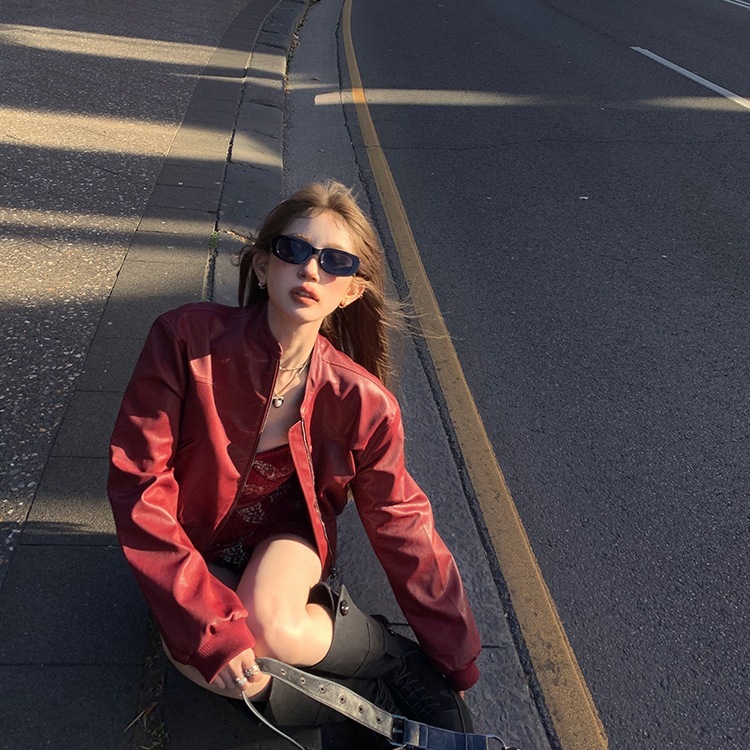 欧美跨境亚马逊美式安可拉红色皮衣外套女2025新款小个子短款夹克|undefined