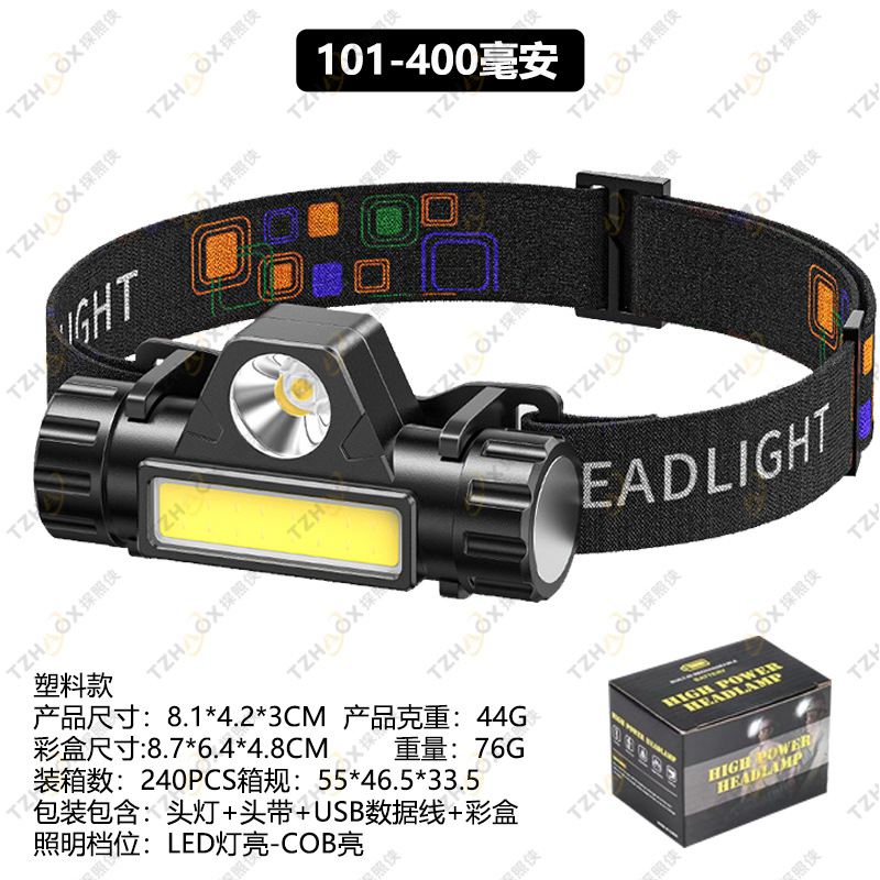 Transfronterizos led luz de cabeza calva fuerte mini recargable impermeable astigmatismo luz de cabeza cob multifuncional luz de cabeza de pesca nocturna al aire libre