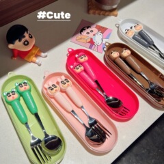 携帯型クレヨンしんちゃんステンレス製転倒防止スプーン箸食器箱3点セット学生漫画フォークスプーン