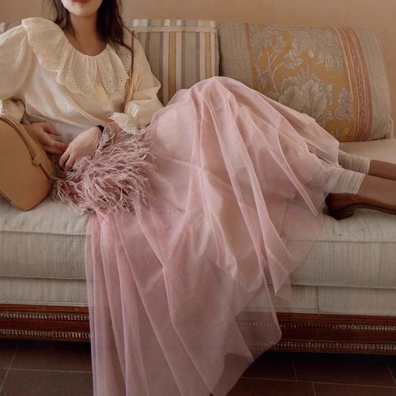 Pink Mesh Skirt Women's Large Swing Skirt 2025 Summer New High-Waisted Slimming Look Fairy-Like A-Line Gauze Skirt High Quality