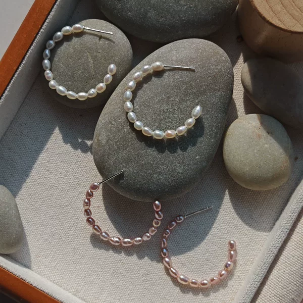 Natural Pearl Earrings C-Shaped Earrings Artistic and Simple 925 Silver Needle Hoo Daily Hoop Earrings