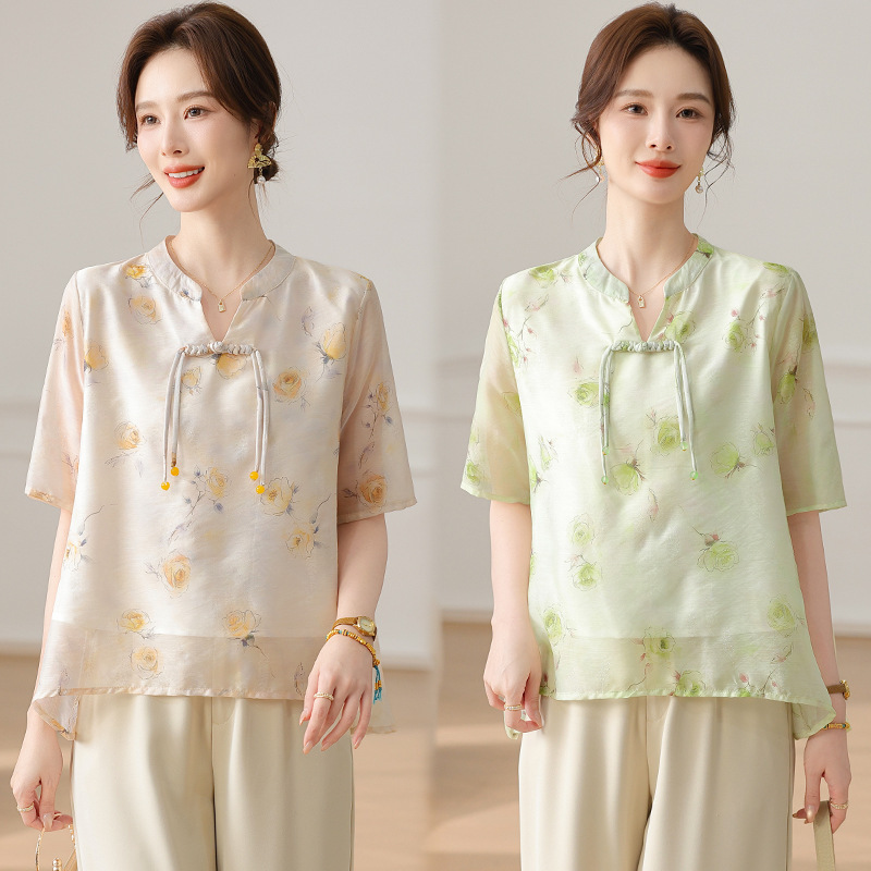 Mom's Summer Clothing, New Chinese-Style Blouse, New Middle-Aged and Elderly Women's Clothing, National Style Shirt, Mid-Sleeve Top, Thin Outerwear Shirt