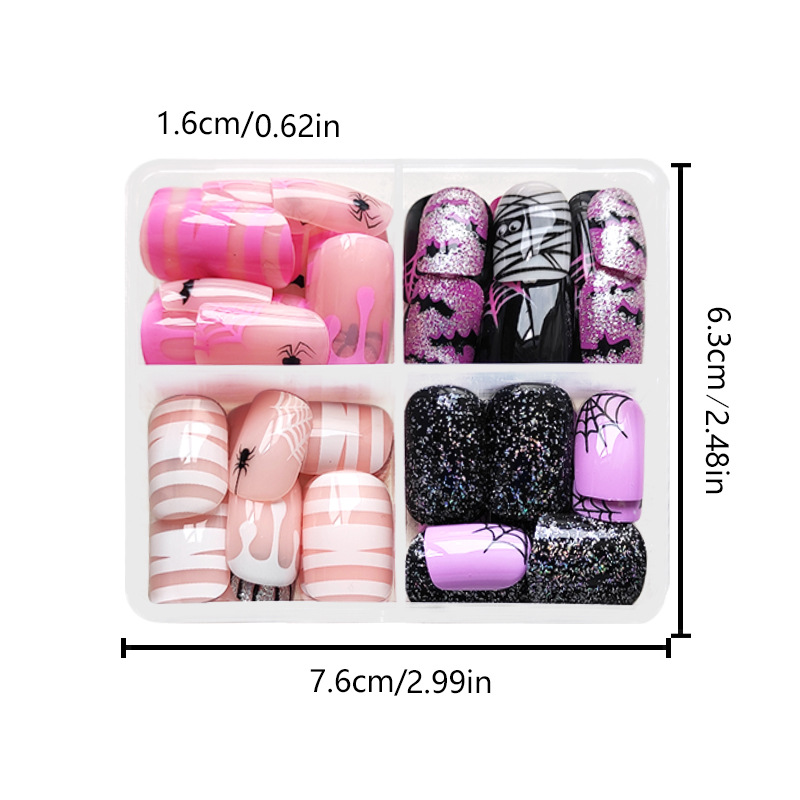 Halloween False Nails Glitter Spider Web And Bat Design 24 Pack_voghion.com