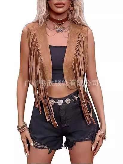 Tassel Vest Women Cowboy Costume Faux Suede Fringe 70S Hippie Clothes Vest Jacket Western