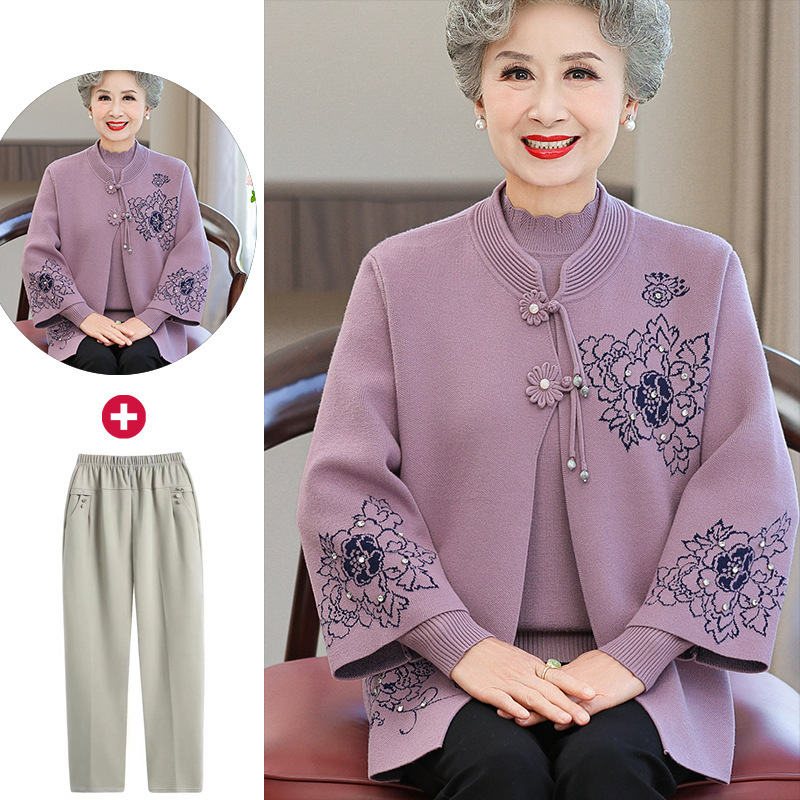 高齢者秋冬服女性コートセーターカーディガンおばあちゃん春秋スーツ奥さん服お母さん唐服2点セット|undefined