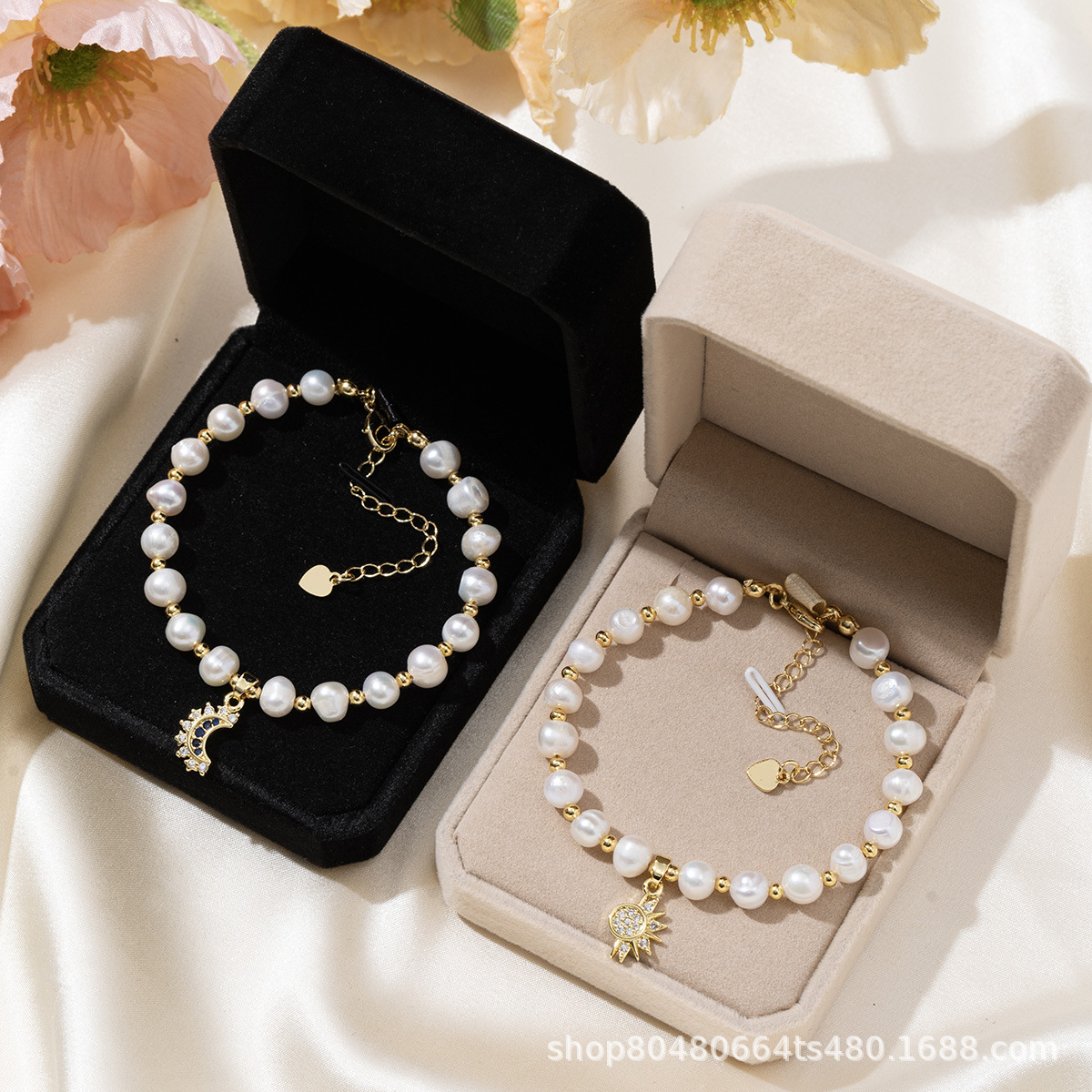 Pulseras de perlas de agua dulce naturales pulseras de bronce de alta calidad pulseras de oro sol luna colgante joyas de pareja