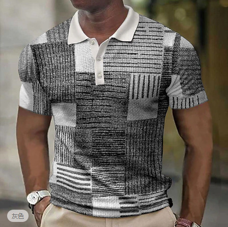 Cross-border European and American New Golf Shirt Short-sleeved Waffle Polo Shirt Color Block Graphic Printed Three-button Polo Shirt