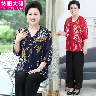 胖妈妈装2021早春新款雪纺衬衫40岁50夏T恤气质中老年女小衫套装