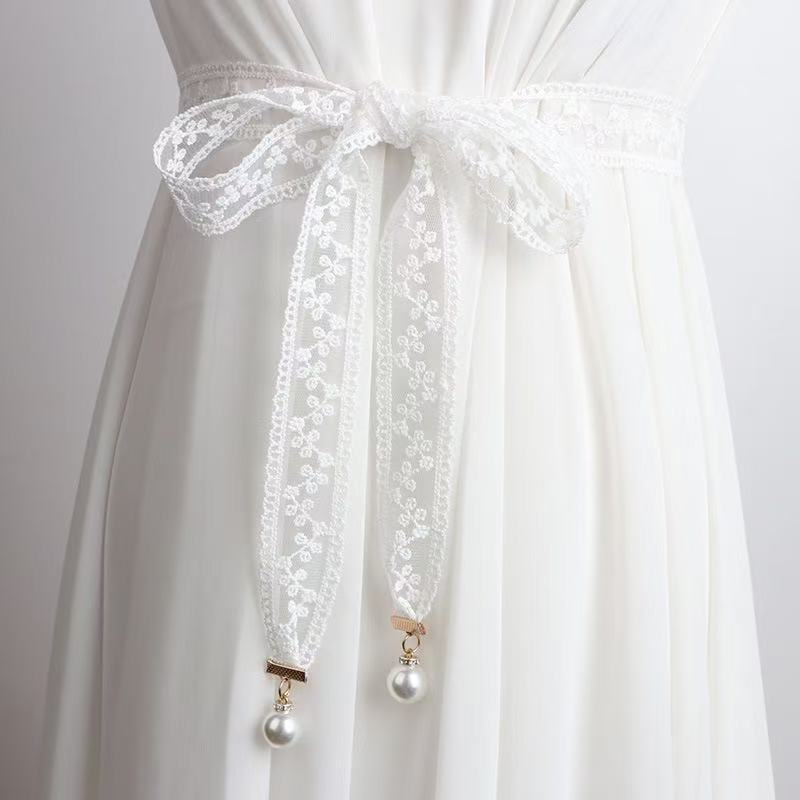 Lace Pearl Pendant Belt Women's Dress Waist Decoration Versatile Bow Waist Rope with Han Dynasty Knotted Straps