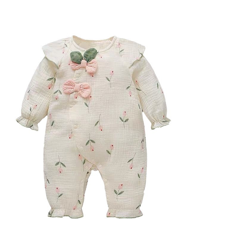 Estilo princesa infantil primavera y otoño pastoral floral con capucha mono de manga larga bebé super lindo mameluco ropa exterior
