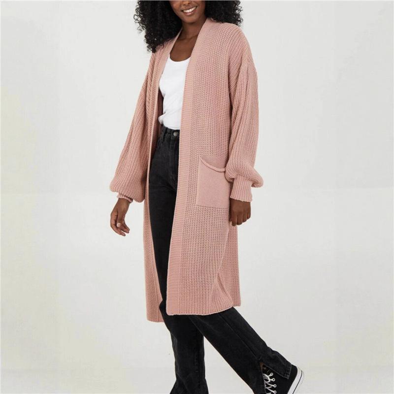 European and American Cross-Border Large Size Long-Sleeved Pure Color Autumn and Winter Long Flap Pocket Pants Cardigan Jacket Amazon Loose Knitted Sweater for Women