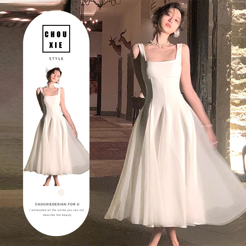 Summer New Style French Tea Break High-End Exquisite Super Nice Elegant White Suspender Dress Princess Long Skirt for Women