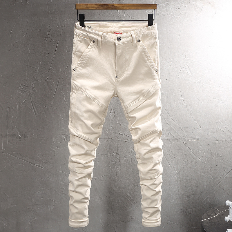 Trendy British Youth White Patchwork Jeans for Men Spring New Washed Versatile Casual Stretch Slim Fit Skinny Jeans Trendy British Youth White Patchwork Jeans for Men Spring New Washed Versatile Casual Stretch Slim Fit Skinny Jeans