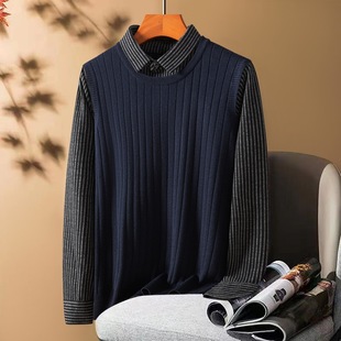 Men's Autumn and Winter high quality Fake Two-piece Knitted Shirt Long-sleeved Middle-aged and Young People's Striped Shirt Stitching Thickened Base Shirt
