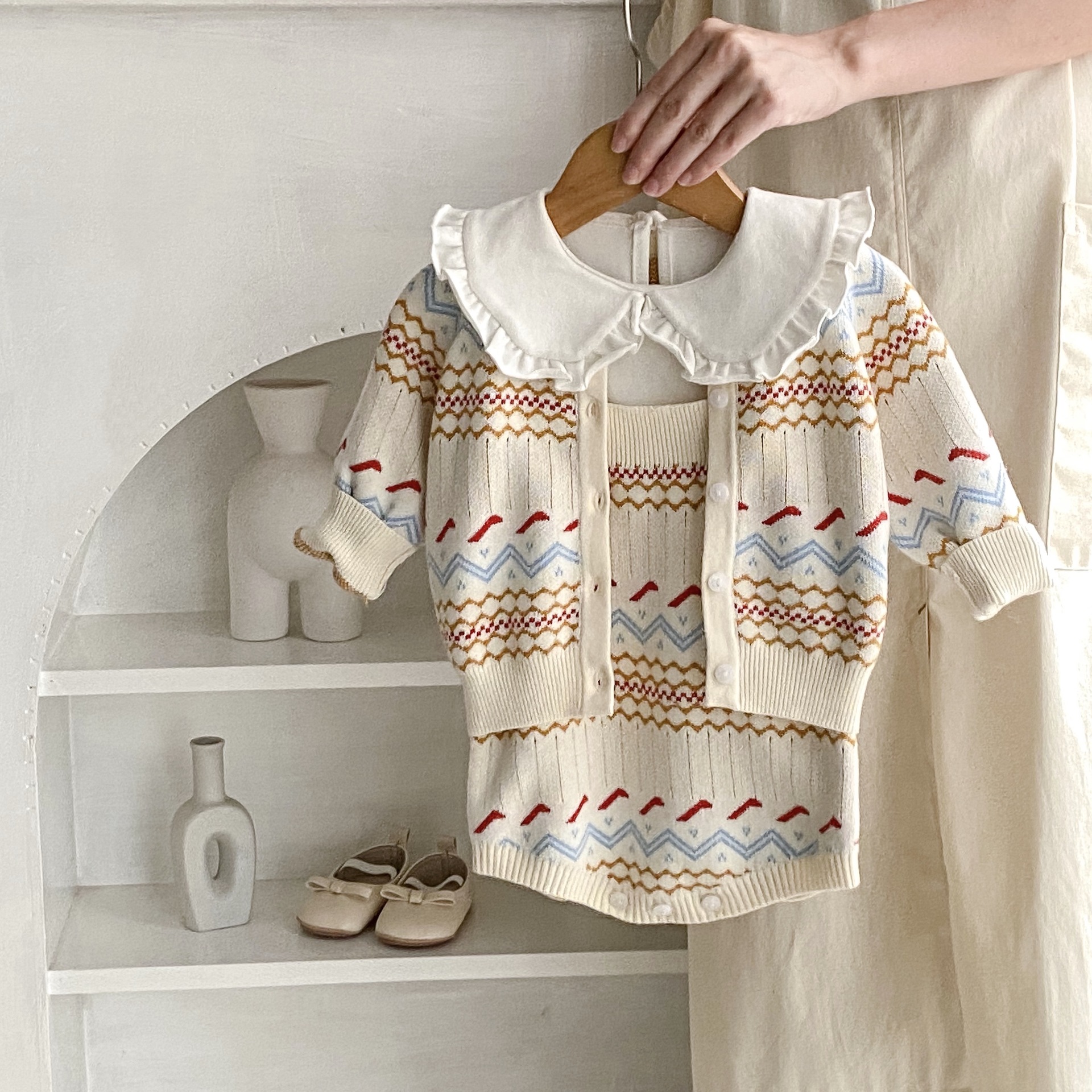 2024 őszi új unisex jacquard kötött szett fiúknak, lányoknak, babáknak, hosszú ujjú kardigán és khaki színben külön-külön_voghion.com