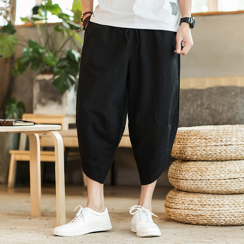 New Chinese Style Harem Cropped Pants Men's Summer Shorts Sports Wide-Leg Lantern Pants Cotton and Linen Casual Carrot Pants