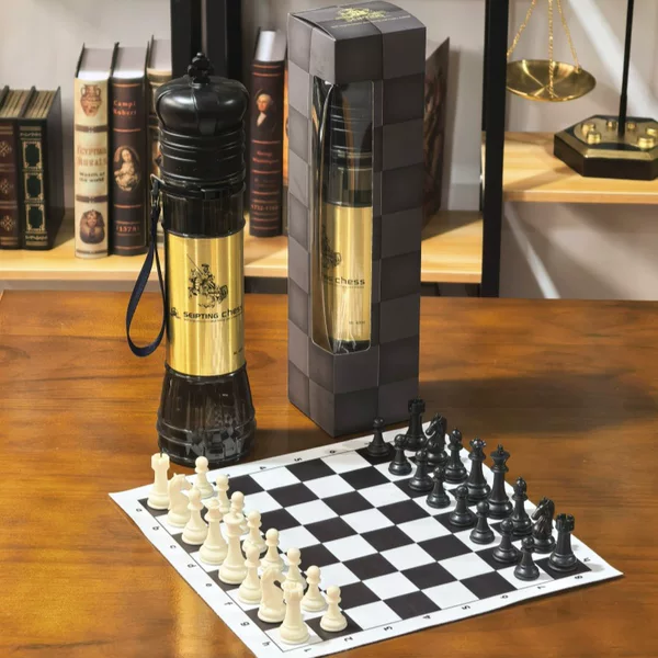 Barrel Chess Set Educational Portable Storage Leather Chess Board Chess Pieces Children and Students Barrel Travel Chess Set