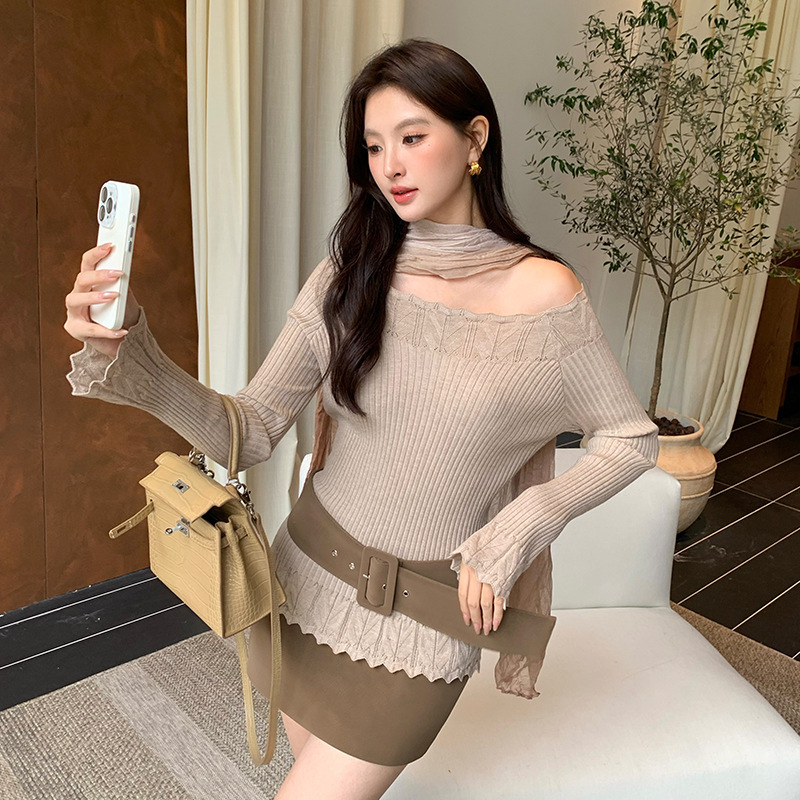 SE White Label - "Elegant Unnie" Korean-style off-shoulder personalized fashionable slim-fit sweater with 6% wool 25825 SE White Label - "Elegant Unnie" Korean-style off-shoulder personalized fashionable slim-fit sweater with 6% wool 25825