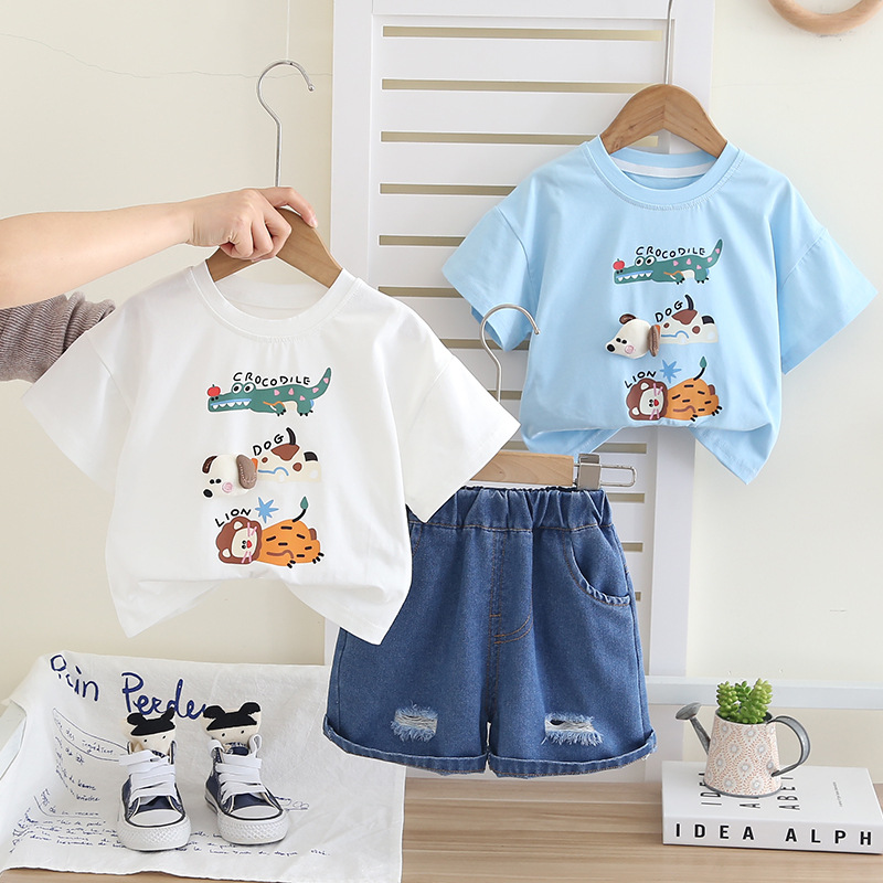 2025 New Summer Children's Suit T-Shirt Cartoon Two-Piece Set 1-5 Years Old Boy Short-Sleeved Suit Live Supply