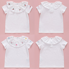 Miki Children's Summer New Cartoon Rabbit Cherry Letter Embroidered Edge Collar Short Sleeve T-shirt for Layering