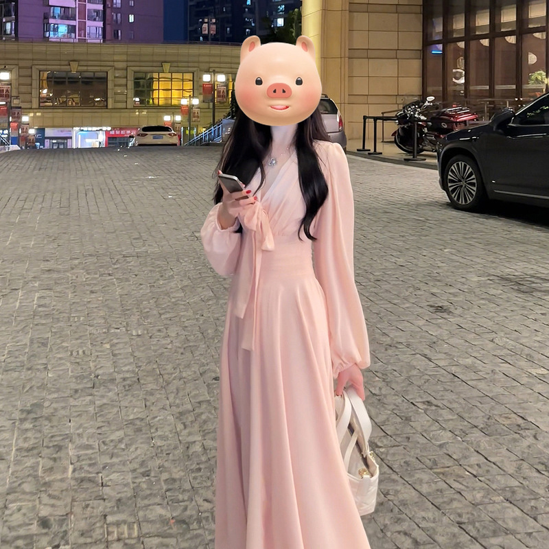 French Pink Gentle V Neck Style Long-Sleeved Dress for Women 2025 New Early Autumn Women's Fairy Dress