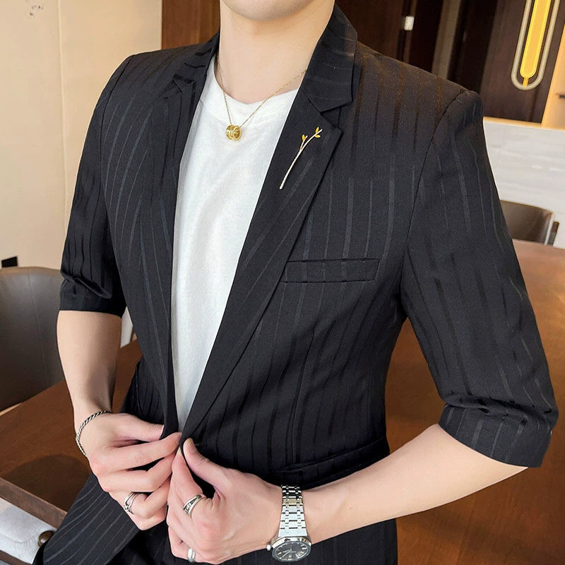 2025[] модный повседневный мужской костюм, весенне-летний корейский стиль, тонкий полосатый пиджак, мужской пиджак 0108