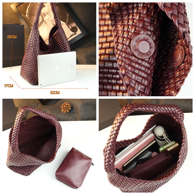 Túi tote vải handmade dệt thủ công cỡ lớn kiểu giỏ mây, phong cách cổ điển — Màu đỏ rượu, Màu nâu, Màu xanh lục đậm, Màu xám đậm