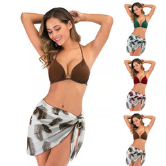 2024亞馬遜新款印花掛脖系帶比基尼三件套 外貿高腰網紗分體泳衣