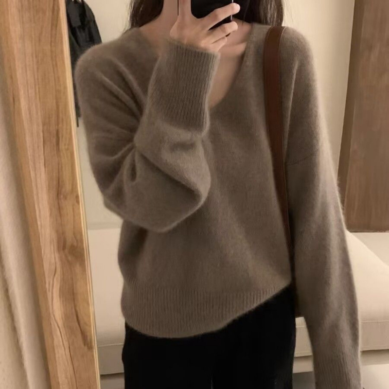 松弛感复古软糯浣熊绒V领毛衣女秋冬慵懒风外穿针织衫打底上衣|undefined