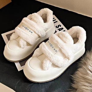Thick-Soled Velcro Furry Bread White Shoes for Women Winter Fleece-Lined to Heattech 2023 New Sneakers and Cotton Shoes