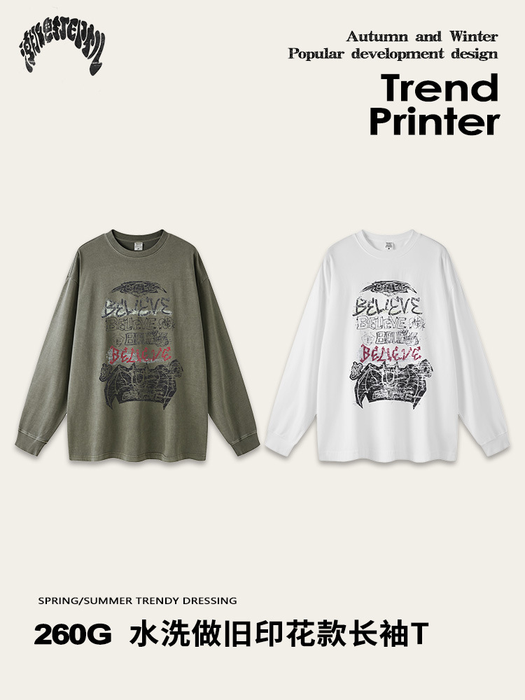 Impresora de marcas| 2025 primavera y otoño Ba familia B juveniles sueltos estilo americano marcas de agua callejera camiseta de manga larga