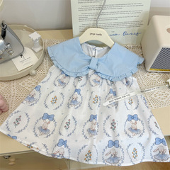 韓版童裝2024新款夏季女童滿身印花連衣裙兒童洋氣翻領清新公主裙