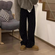 大码复古碎花波点牛仔裤女春秋高街黑色高腰直筒胖mm宽松阔腿长裤