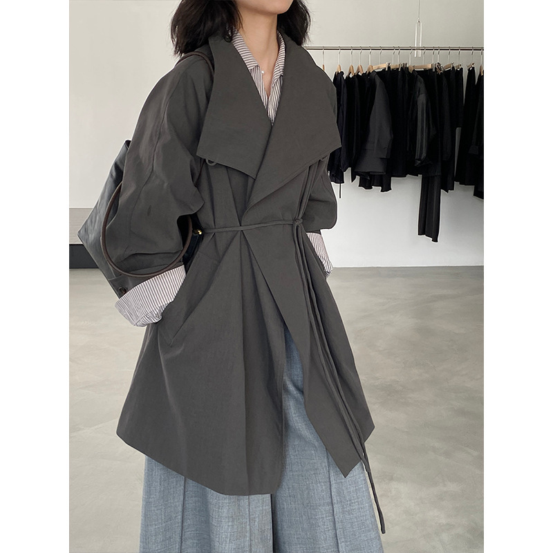 Jiangzuo British-Style Lapel Trench Coat for Women, Vintage Tie-Waist Mid-Length Loose Fit for Petite Figures 1659